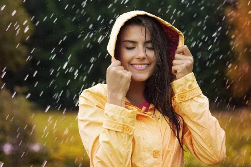 W person in a yellow raincoat stands out in the rain.